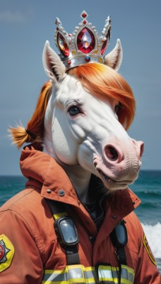 1girl,solo,looking at viewer,short hair,blue eyes,animal ears,jacket,upper body,ponytail,outdoors,sky,day,orange hair,blue sky,mask,ocean,animal,crown,realistic,orange jacket,teeth,signature,water,blurry,black eyes,red jacket