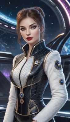 1girl,solo,breasts,looking at viewer,short hair,brown hair,long sleeves,brown eyes,jewelry,medium breasts,upper body,parted lips,hair bun,vest,lips,fur trim,makeup,lipstick,gem,eyeshadow,red lips,space,planet,earth (planet),shirt,green eyes,standing,white shirt,artist name,signature,grey eyes,single hair bun,freckles,science fiction,high collar,realistic,nose,emblem