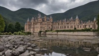 outdoors,sky,day,cloud,water,tree,blue sky,no humans,cloudy sky,building,nature,scenery,forest,reflection,rock,mountain,fantasy,bridge,river,castle,tower,landscape,lake,fog,road,mountainous horizon