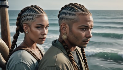 1girl,long hair,looking at viewer,brown hair,black hair,1boy,brown eyes,jewelry,closed mouth,upper body,weapon,braid,earrings,outdoors,parted lips,day,dark skin,water,necklace,blurry,lips,grey eyes,blurry background,facial hair,siblings,ocean,beach,portrait,beard,freckles,twins,realistic,brother and sister,multiple braids,bangs,shirt,grey hair,multicolored hair,twin braids,from side,two-tone hair,dark-skinned female,dark-skinned male,undercut,very dark skin,dreadlocks