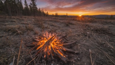 outdoors,sky,cloud,tree,no humans,cloudy sky,grass,fire,building,nature,scenery,forest,sunset,mountain,sun,ruins,bare tree,landscape,orange sky