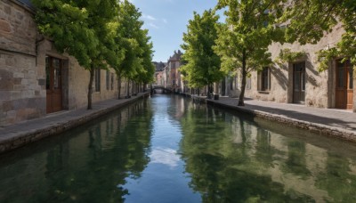 outdoors,sky,day,cloud,water,tree,blue sky,no humans,window,plant,building,scenery,reflection,door,house,bridge,river,reflective water,road,bush,wall,brick wall