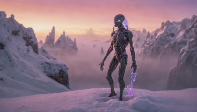 solo, standing, outdoors, no humans, glowing, robot, glowing eyes, science fiction, rock, mountain, alien