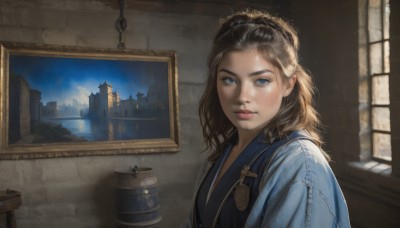 1girl,solo,long hair,looking at viewer,smile,blue eyes,brown hair,black hair,closed mouth,upper body,sky,indoors,lips,window,building,realistic,nose,castle,painting (object),painting (action),water,sunlight,scenery,freckles