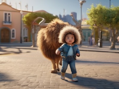 1girl,solo,looking at viewer,short hair,brown hair,shirt,long sleeves,1boy,jacket,male focus,boots,outdoors,horns,day,belt,pants,hood,blurry,black eyes,tree,fur trim,blurry background,shadow,animal,denim,blue jacket,building,child,clenched hands,walking,jeans,realistic,road,lamppost,street,denim jacket,open mouth,blue eyes,hat,standing,shoes,depth of field,city,blue pants,male child