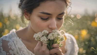 1girl, solo, short hair, black hair, holding, jewelry, closed eyes, flower, earrings, mole, blurry, eyelashes, depth of field, blurry background, freckles, realistic, holding flower, bokeh, daisy