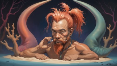 solo,looking at viewer,1boy,brown eyes,jewelry,ponytail,male focus,red hair,earrings,water,necklace,orange hair,tree,facial hair,dark-skinned male,beard,partially submerged,hair tie,mustache,old,old man,monster boy,wrinkled skin,long hair,holding,collarbone,tail,upper body,nude,lying,shiny,dark skin,on stomach,veins,underwater,smoking,mermaid,bare tree,fins,coral