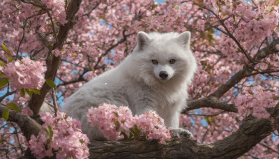 looking at viewer, flower, outdoors, day, blurry, tree, no humans, animal, cat, cherry blossoms, realistic, branch, animal focus, spring (season)