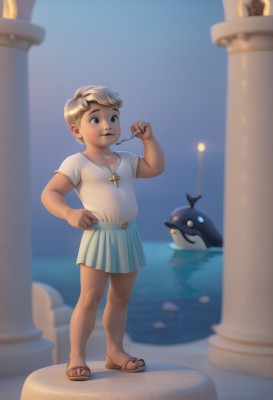 1girl,solo,looking at viewer,short hair,blue eyes,skirt,blonde hair,shirt,1boy,holding,jewelry,standing,full body,white shirt,short sleeves,male focus,pleated skirt,outdoors,water,necklace,blurry,blue skirt,hand on hip,toes,blurry background,sandals,cross,child,female child,male child,cross necklace,pillar,flip-flops,holding jewelry,smile,teeth,night,bird,fat,lamppost