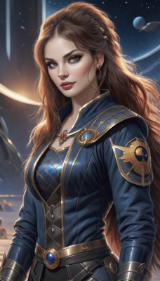 1girl,solo,long hair,breasts,looking at viewer,smile,brown hair,long sleeves,brown eyes,jewelry,medium breasts,closed mouth,upper body,earrings,sky,belt,artist name,signature,lips,grey eyes,makeup,bird,wavy hair,lipstick,gem,star (sky),starry sky,nose,red lips,space,planet,earth (planet),very long hair,braid,forehead,freckles,realistic,emblem