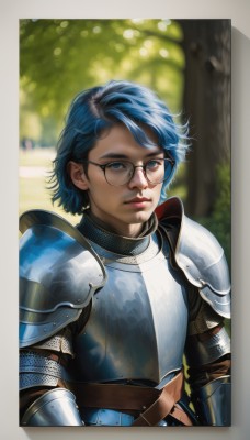 1girl,solo,short hair,blue eyes,closed mouth,blue hair,upper body,outdoors,glasses,day,belt,armor,blurry,tree,lips,looking to the side,blurry background,shoulder armor,gauntlets,pauldrons,breastplate,realistic,nose,round eyewear,knight,chainmail,plate armor,looking at viewer,1boy,male focus,freckles