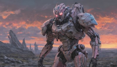 solo,red eyes,standing,outdoors,sky,cloud,no humans,glowing,cloudy sky,robot,mecha,glowing eyes,science fiction,sunset,mountain,open hand,glowing eye,open hands,mountainous horizon,1boy,scenery,humanoid robot