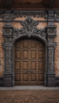 weapon,sword,indoors,no humans,scenery,stairs,door,architecture,pillar,statue,church,arch,column,stone floor,window,traditional media,fantasy,candle,wall,brick wall,candlestand,gate,chandelier,stone wall,brick floor