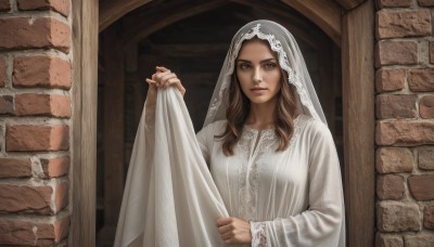 1girl,solo,long hair,looking at viewer,brown hair,long sleeves,dress,brown eyes,closed mouth,upper body,indoors,white dress,lips,veil,realistic,wall,brick wall,wedding dress