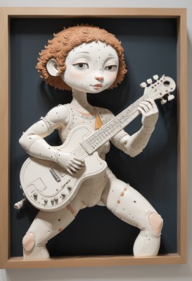 1girl,solo,looking at viewer,short hair,brown hair,gloves,pussy,orange hair,grey eyes,loli,bodysuit,cameltoe,instrument,freckles,curly hair,music,android,guitar,joints,playing instrument,holding instrument,electric guitar,afro,plectrum,elbow gloves,torn clothes,bass guitar