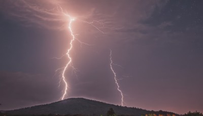 outdoors,sky,cloud,tree,no humans,night,cloudy sky,grass,star (sky),night sky,scenery,starry sky,sunset,electricity,lightning,nature,mountain,horizon,dark,landscape,hill