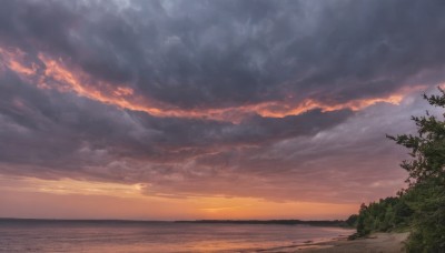 outdoors,sky,cloud,water,tree,no humans,ocean,beach,cloudy sky,nature,scenery,sunset,horizon,evening,orange sky,dutch angle,plant,landscape,shore