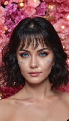 1girl,solo,looking at viewer,short hair,bangs,blue eyes,black hair,bare shoulders,closed mouth,collarbone,flower,artist name,blurry,lips,eyelashes,makeup,depth of field,blurry background,watermark,portrait,web address,eyeshadow,realistic,nose,scales,smile,upper body,nude,mascara