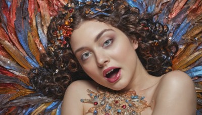 1girl,solo,long hair,looking at viewer,open mouth,brown hair,hair ornament,bare shoulders,jewelry,collarbone,upper body,wings,teeth,necklace,lips,grey eyes,eyelashes,makeup,upper teeth only,wavy hair,tiara,feathers,gem,portrait,curly hair,crystal,realistic,red lips,black hair,brown eyes,nude,lying,tongue,tongue out,on back,traditional media,wide-eyed,painting (medium)