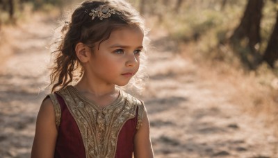 1girl,solo,long hair,blue eyes,brown hair,black hair,hair ornament,dress,closed mouth,upper body,outdoors,sleeveless,blurry,lips,looking to the side,depth of field,blurry background,looking away,red dress,realistic,nose,tree,sunlight,curly hair