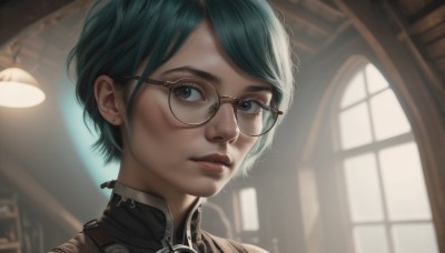 1girl,solo,looking at viewer,short hair,bangs,blue eyes,jewelry,blue hair,earrings,parted lips,green hair,glasses,indoors,blurry,lips,eyelashes,window,aqua hair,depth of field,blurry background,swept bangs,portrait,freckles,realistic,nose,round eyewear,stud earrings,rimless eyewear,closed mouth,green eyes