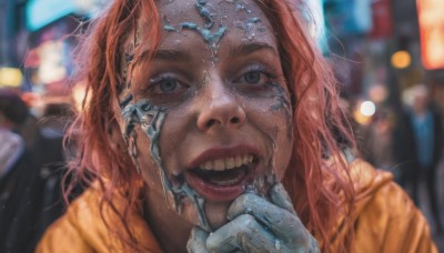 1girl,solo,looking at viewer,open mouth,blue eyes,gloves,red hair,teeth,hood,orange hair,blurry,lips,grey eyes,eyelashes,depth of field,blurry background,hood down,portrait,freckles,science fiction,realistic,nose,cyborg,cyberpunk,mechanical parts,long hair,smile,solo focus,white gloves,hand on own chin,bokeh,horror (theme)