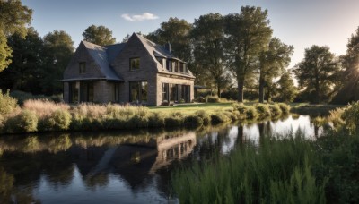 outdoors,sky,day,cloud,water,tree,blue sky,no humans,window,sunlight,grass,building,nature,scenery,forest,reflection,bush,house,river,lake,reflective water,cloudy sky,plant,landscape