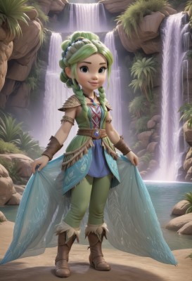 1girl,solo,long hair,looking at viewer,smile,blue eyes,dress,jewelry,closed mouth,standing,full body,braid,boots,outdoors,green hair,belt,pants,water,necklace,armor,black eyes,twin braids,bracelet,tree,lips,fur trim,watermark,brown footwear,knee boots,armband,armlet,rock,fantasy,bracer,green pants,waterfall,wings,artist name,leaf