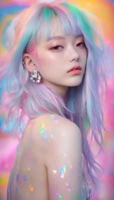 1girl,solo,long hair,breasts,looking at viewer,bangs,brown eyes,jewelry,blue hair,upper body,pink hair,nude,multicolored hair,earrings,parted lips,teeth,artist name,blurry,black eyes,from side,lips,sideboob,makeup,blurry background,piercing,ear piercing,realistic,nose,colorful,rainbow hair,bare shoulders,watermark,gem,eyeshadow