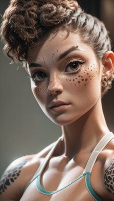 1girl,solo,breasts,looking at viewer,short hair,brown hair,brown eyes,jewelry,collarbone,upper body,earrings,parted lips,dark skin,dark-skinned female,lips,eyelashes,tattoo,makeup,thick eyebrows,tank top,portrait,freckles,curly hair,realistic,nose,stud earrings,close-up