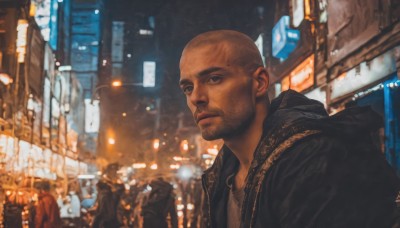 looking at viewer,shirt,1boy,jacket,upper body,male focus,outdoors,multiple boys,solo focus,signature,dark skin,hood,blurry,black eyes,black jacket,night,blurry background,facial hair,dark-skinned male,building,beard,city,realistic,bald,crowd,cyberpunk,solo,short hair,jewelry,closed mouth,open clothes,bag,open jacket,tattoo,depth of field,backpack,hood down,scenery,very short hair,city lights,buzz cut