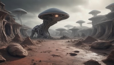 outdoors,sky,cloud,no humans,glowing,cloudy sky,scenery,glowing eyes,rock,fantasy,mushroom,fog,day,science fiction,realistic,sand,desert