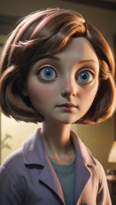 1girl,solo,looking at viewer,short hair,bangs,blue eyes,brown hair,shirt,closed mouth,jacket,upper body,artist name,indoors,blurry,lips,eyelashes,blurry background,blue shirt,portrait,freckles,wide-eyed,realistic,nose,lamp,depth of field,bob cut,plant,child,backlighting,female child