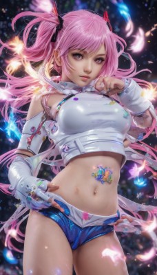 1girl,solo,long hair,breasts,looking at viewer,bangs,shirt,gloves,ribbon,navel,bare shoulders,twintails,medium breasts,standing,hair ribbon,white shirt,pink hair,cowboy shot,parted lips,shorts,elbow gloves,midriff,white gloves,fingerless gloves,pink eyes,stomach,nail polish,blurry,two side up,lips,crop top,see-through,hand on hip,short shorts,ring,feathers,single glove,blue shorts,micro shorts,single fingerless glove,large breasts,jewelry,artist name,tattoo,watermark,piercing,contrapposto,realistic,navel piercing