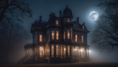 outdoors,sky,tree,no humans,window,night,moon,building,night sky,scenery,full moon,stairs,road,architecture,bare tree,fog,gate,dark,house,bridge,tower,moonlight,arch