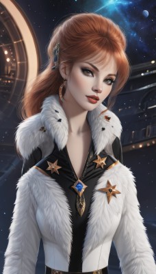 1girl,solo,long hair,breasts,looking at viewer,brown hair,hair ornament,brown eyes,jewelry,collarbone,upper body,earrings,parted lips,sky,belt,artist name,necklace,lips,coat,fur trim,makeup,night,lipstick,gem,star (sky),eyeshadow,starry sky,freckles,realistic,white coat,red lips,space,bangs,dress,medium breasts,star (symbol),orange hair,eyelashes,fur collar