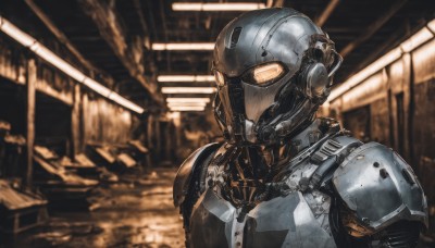 solo,1boy,upper body,male focus,indoors,armor,blurry,no humans,blurry background,glowing,helmet,robot,mecha,science fiction,realistic,power armor,humanoid robot,orange eyes,portrait,cable,full armor