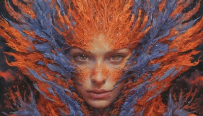 1girl,solo,looking at viewer,brown eyes,closed mouth,red hair,orange hair,lips,traditional media,fire,black background,portrait,freckles,realistic,painting (medium),straight-on,eyelashes,feathers,close-up