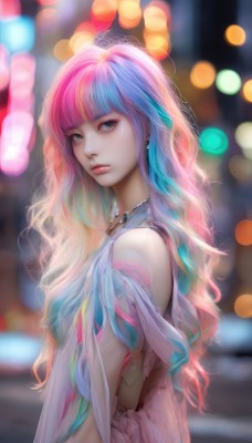 1girl,solo,long hair,looking at viewer,bangs,blue eyes,dress,bare shoulders,jewelry,closed mouth,blue hair,upper body,pink hair,multicolored hair,earrings,midriff,artist name,blunt bangs,necklace,blurry,from side,two-tone hair,lips,makeup,depth of field,blurry background,wavy hair,feathers,realistic,nose,bokeh,rainbow hair,sleeveless,tears,looking to the side,eyelashes,gradient hair,watermark,web address,lens flare,pink lips,mascara