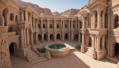 outdoors,sky,day,water,blue sky,no humans,shadow,grass,plant,building,scenery,stairs,road,architecture,bridge,pillar,arch,column,mountain,statue,landscape,desert