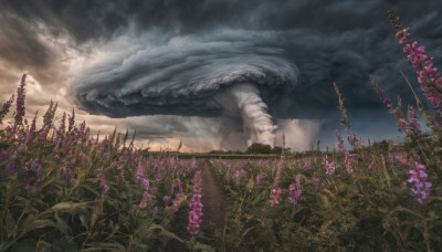 flower, outdoors, sky, cloud, tree, no humans, cloudy sky, nature, scenery, purple flower, field, landscape