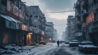 outdoors,sky,day,cloud,cloudy sky,ground vehicle,building,scenery,motor vehicle,snow,city,sign,car,road,ruins,multiple others,power lines,street,utility pole,air conditioner,truck,people,trash bag,no humans,snowing,silhouette,winter,lamppost