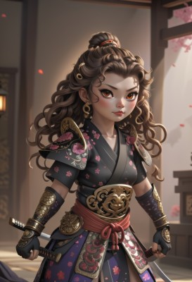 1girl,solo,long hair,breasts,looking at viewer,blush,brown hair,hair ornament,gloves,holding,brown eyes,jewelry,closed mouth,standing,collarbone,weapon,cowboy shot,earrings,japanese clothes,black gloves,sword,artist name,indoors,fingerless gloves,kimono,holding weapon,armor,blurry,lips,sash,petals,makeup,blurry background,holding sword,obi,floral print,katana,cherry blossoms,shoulder armor,sheath,forehead,dual wielding,curly hair,red lips,hair stick,japanese armor,bracer,black kimono,arm guards,hair pulled back,red eyes,ponytail,short sleeves,small breasts,eyelashes,watermark,lipstick,backlighting,serious,pink lips,architecture