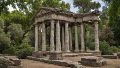 outdoors,sky,day,cloud,tree,blue sky,no humans,traditional media,grass,nature,scenery,forest,rock,bush,architecture,ruins,pillar,path,watermark,plant,stone