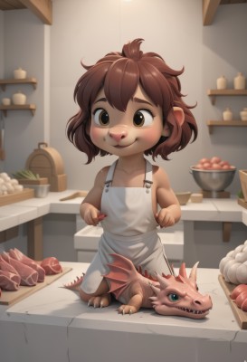 1girl,solo,smile,short hair,brown hair,holding,brown eyes,closed mouth,standing,collarbone,full body,food,artist name,indoors,apron,eating,table,child,white apron,bowl,dragon,female child,naked apron,egg,kitchen,onion,blush,bangs,bare shoulders,teeth,flat chest,claws,furry,basket,tiles,cooking