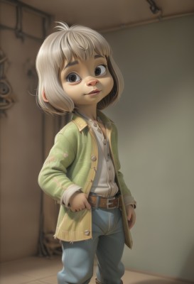 1girl,solo,looking at viewer,smile,short hair,shirt,long sleeves,1boy,brown eyes,standing,jacket,white shirt,white hair,grey hair,male focus,boots,parted lips,open clothes,collared shirt,belt,pants,indoors,blurry,lips,buttons,denim,child,jeans,unbuttoned,blue pants,female child,brown belt,male child,blonde hair