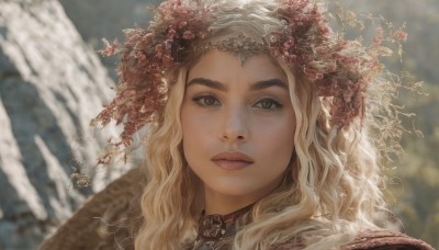 1girl,solo,long hair,looking at viewer,blonde hair,hair ornament,closed mouth,flower,hair flower,blurry,lips,grey eyes,eyelashes,depth of field,blurry background,wavy hair,portrait,freckles,curly hair,realistic,brown eyes,outdoors,parted lips,thick eyebrows,close-up