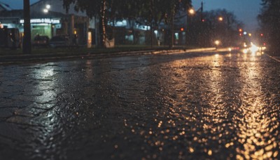 outdoors,sky,blurry,tree,no humans,night,ground vehicle,building,night sky,scenery,motor vehicle,reflection,city,sign,car,light,road,lamppost,street,city lights,lights,water,depth of field,rain,water drop,dark,power lines,bokeh,utility pole,road sign,puddle,traffic light,pavement