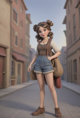 1girl,solo,breasts,looking at viewer,smile,brown hair,shirt,brown eyes,jewelry,standing,collarbone,full body,white shirt,braid,hairband,small breasts,outdoors,sky,shoes,shorts,day,bag,hair bun,blurry,vest,bracelet,lips,hand on hip,fur trim,short shorts,bare legs,double bun,makeup,depth of field,blurry background,shadow,brown footwear,suspenders,denim,lipstick,building,blue shorts,denim shorts,curly hair,handbag,red lips,road,overalls,fringe trim,street,brown vest,town,bangs,earrings,parted lips,artist name,necklace,scarf,black eyes,high heels,buttons,backpack,freckles,hand in pocket,city,brown shirt,high-waist shorts