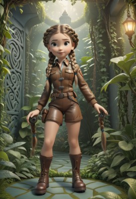 1girl,solo,long hair,breasts,looking at viewer,smile,brown hair,shirt,long sleeves,holding,twintails,brown eyes,very long hair,closed mouth,standing,jacket,full body,braid,boots,outdoors,shorts,collared shirt,belt,twin braids,tree,lips,short shorts,leaf,brown footwear,plant,nature,hair over shoulder,cross-laced footwear,pocket,pouch,brown jacket,lantern,camera,lace-up boots,vines,brown shorts,arch,pavement,open mouth,parted lips,artist name,sunlight,child,holster,leather